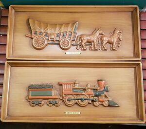 Vintage Mid Century Iron Horse & Covered Wagon Wall Plaques WT Grant Co 16"x7"